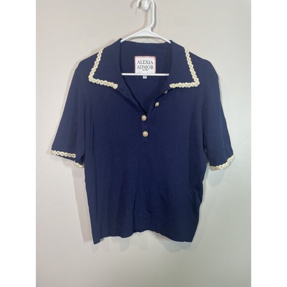 Alexia Admor Navy Blue Knit Top Size XL with Lace Trim Quiet Luxery Pearl Button - Picture 2 of 10